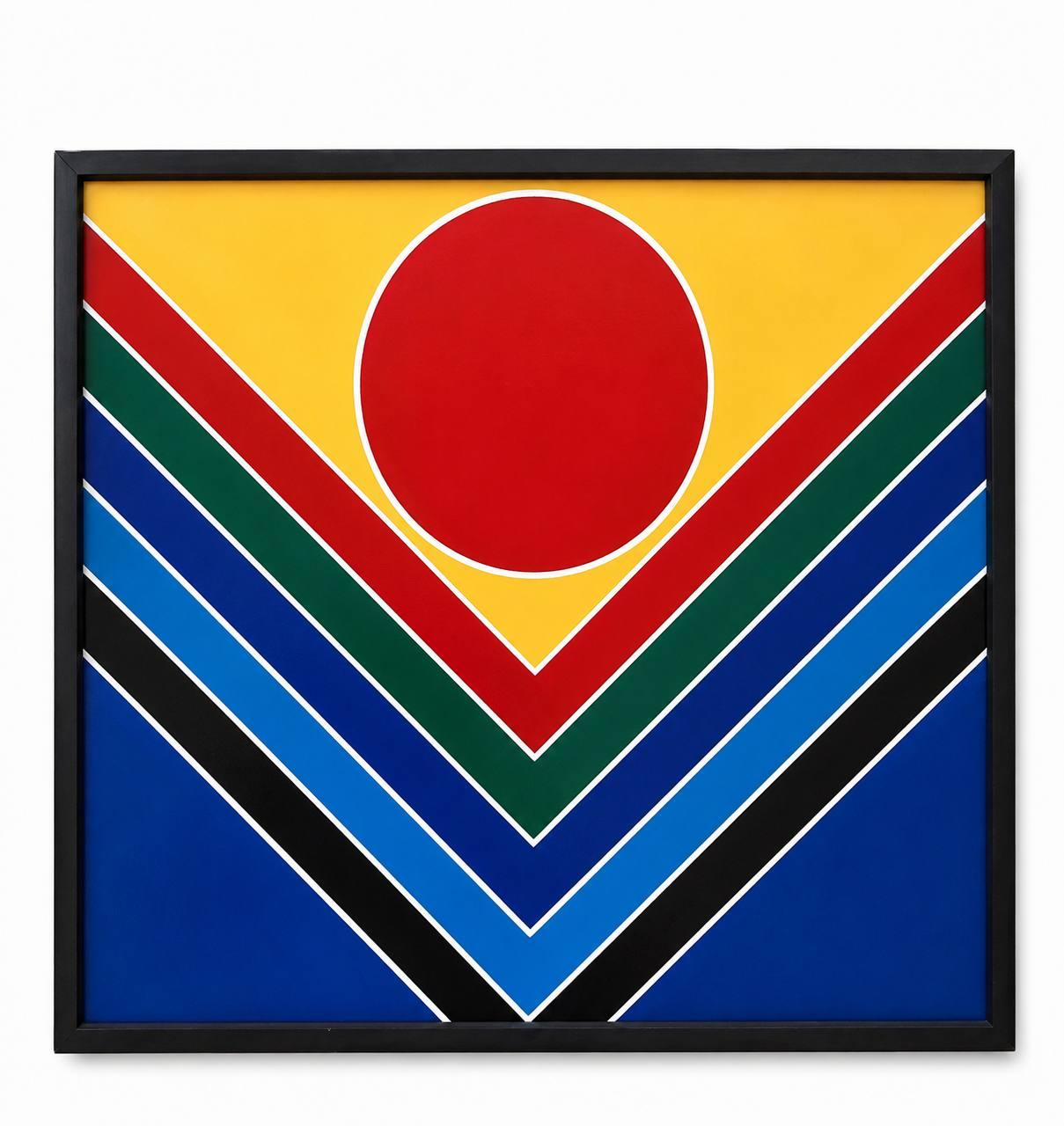 Sayed Haider Raza, sans titre, acrylique sur panneau, composition géométrique en bleus, verts et jaunes.