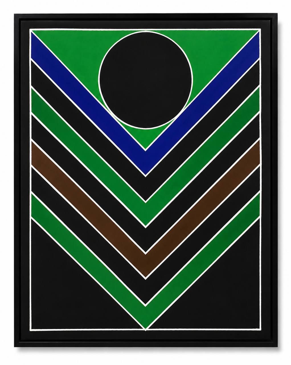 Sayed Haider Raza, sans titre, acrylique sur panneau, cercle noir central sur fond vert et chevrons polychromes.